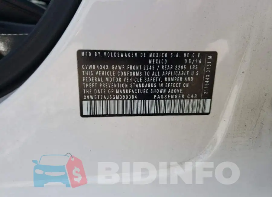 3VW5T7AJ5GM390384 Photo# 10
