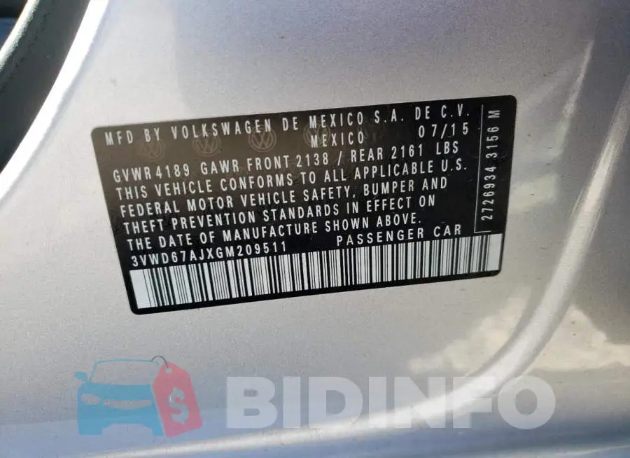 3VWD67AJXGM209511 Photo# 10