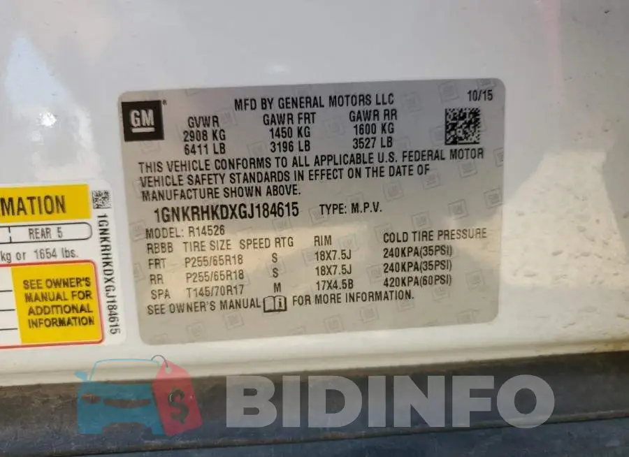 1GNKRHKDXGJ184615 Photo# 10