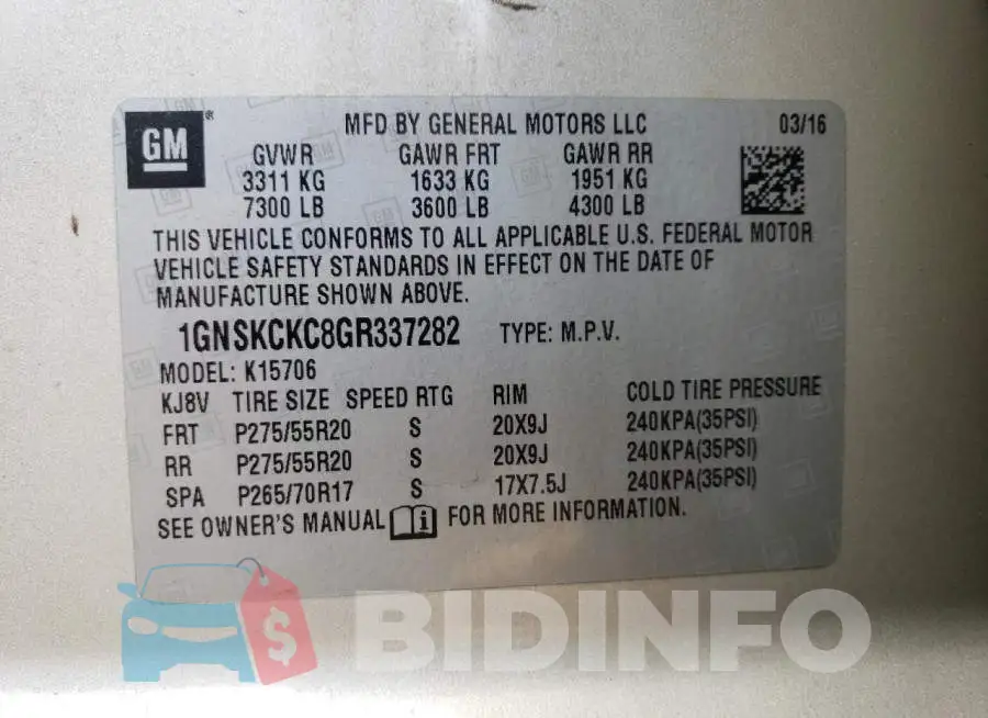 1GNSKCKC8GR337282 Photo# 10