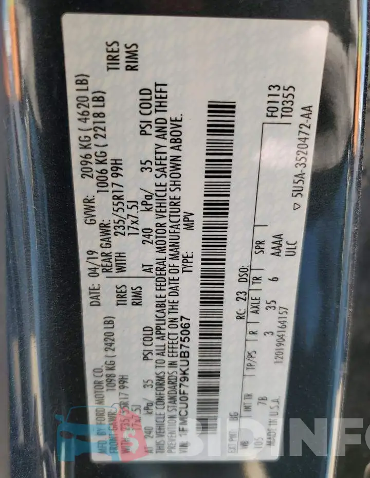 1FMCU0F79KUB75067 Photo# 10