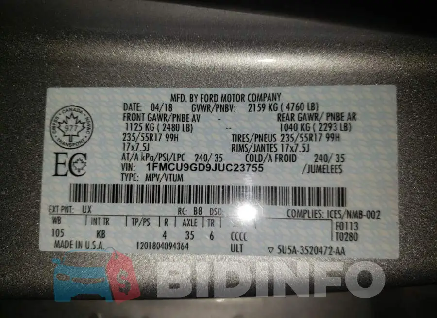 1FMCU9GD9JUC23755 Photo# 13