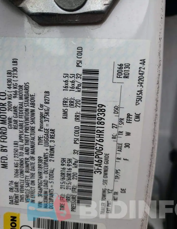 3FA6P0G76HR189389 Photo# 10