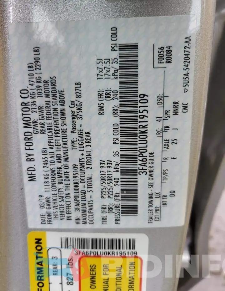 3FA6P0LU0KR195109 Photo# 10