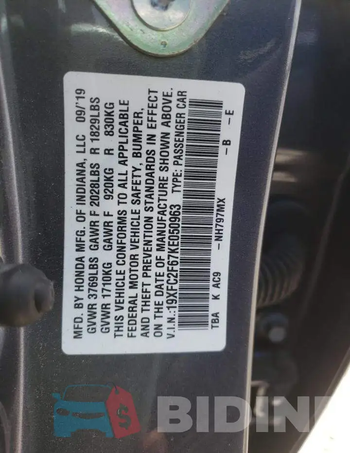 19XFC2F67KE050963 Photo# 10