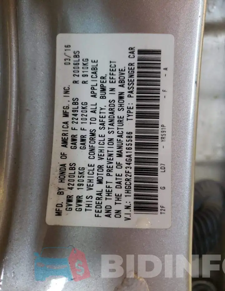1HGCR2F34GA165586 Photo# 10