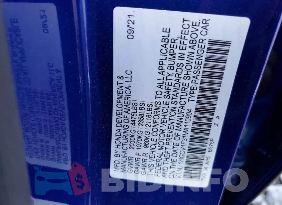 1HGCV1F31MA110904 Photo# 10