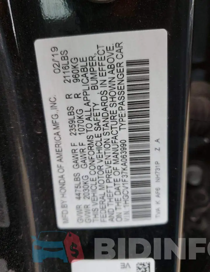 1HGCV1F37KA063990 Photo# 10