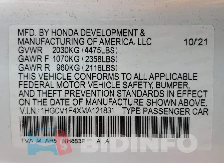 1HGCV1F4XMA121831 Photo# 10