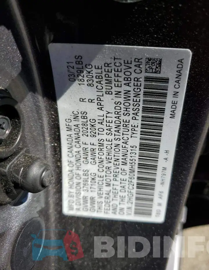 2HGFC2F60MH551315 Photo# 10