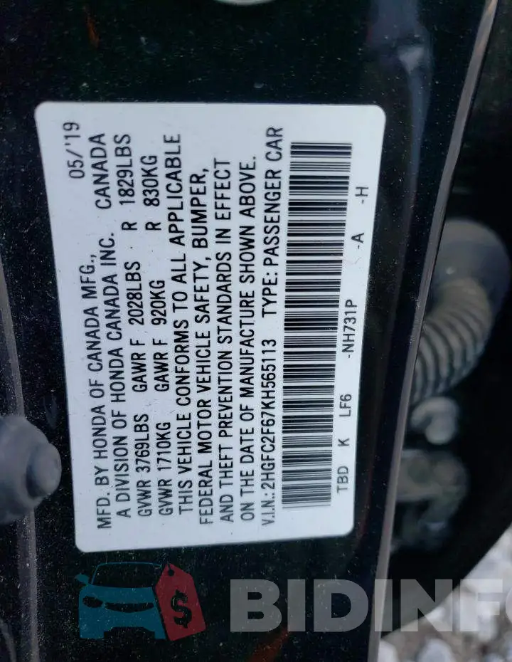 2HGFC2F67KH565113 Photo# 10