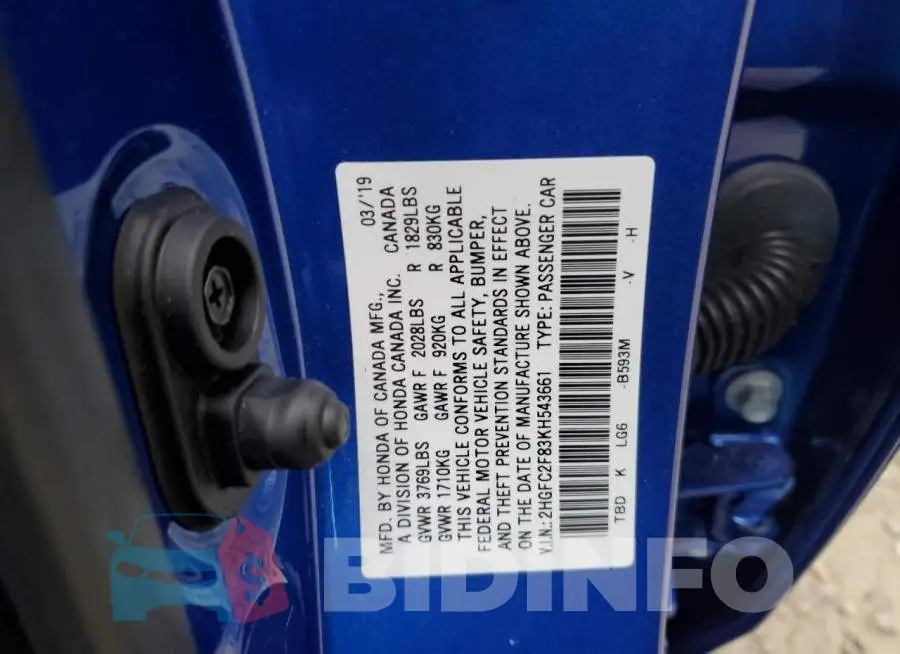2HGFC2F83KH543661 Photo# 10
