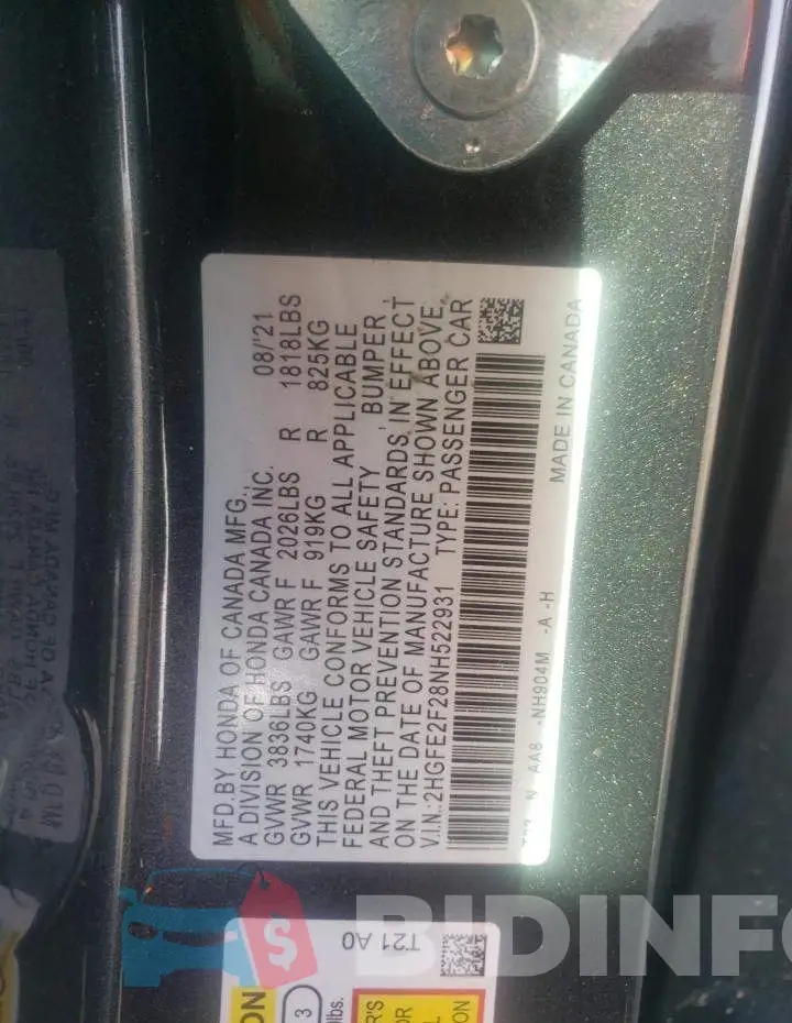 2HGFE2F28NH522931 Photo# 10