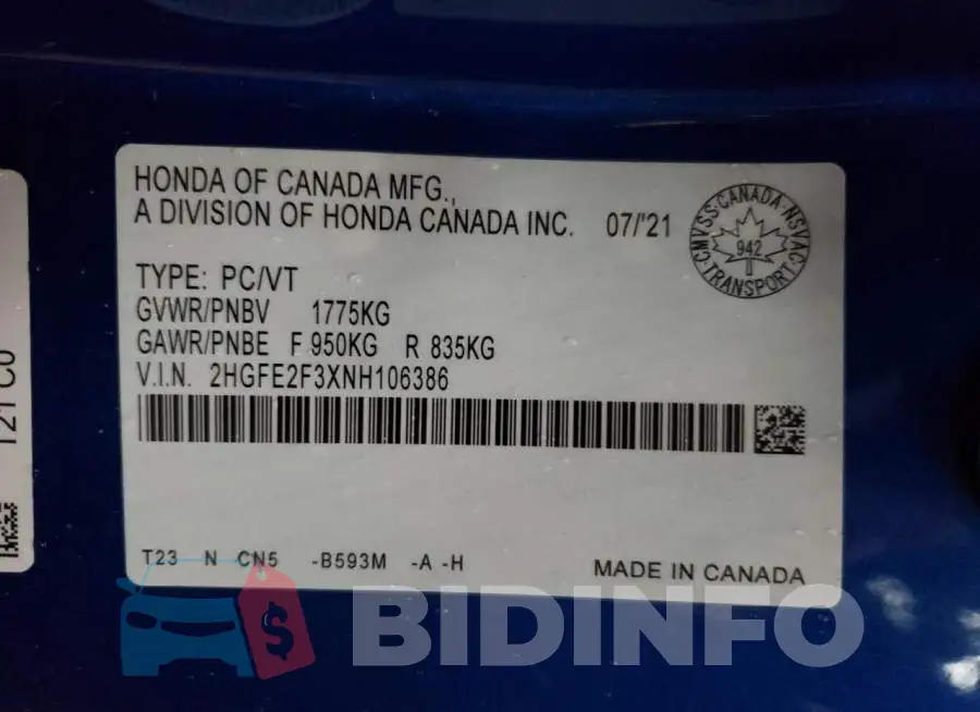 2HGFE2F3XNH106386 Photo# 10