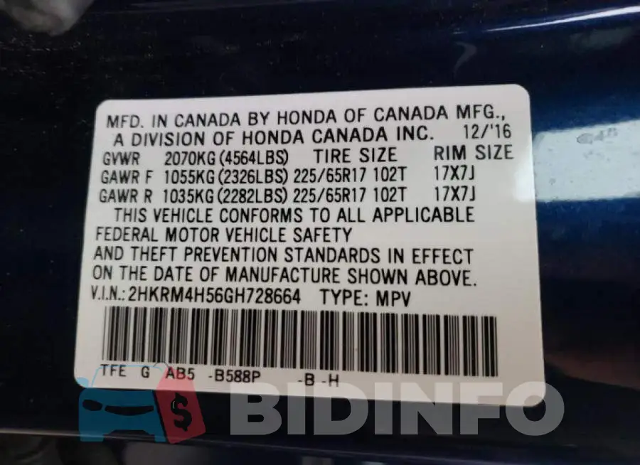 2HKRM4H56GH728664 Photo# 10