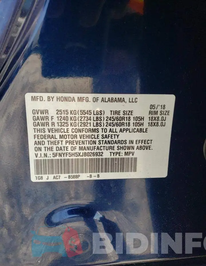 5FNYF5H5XJB026932 Photo# 10