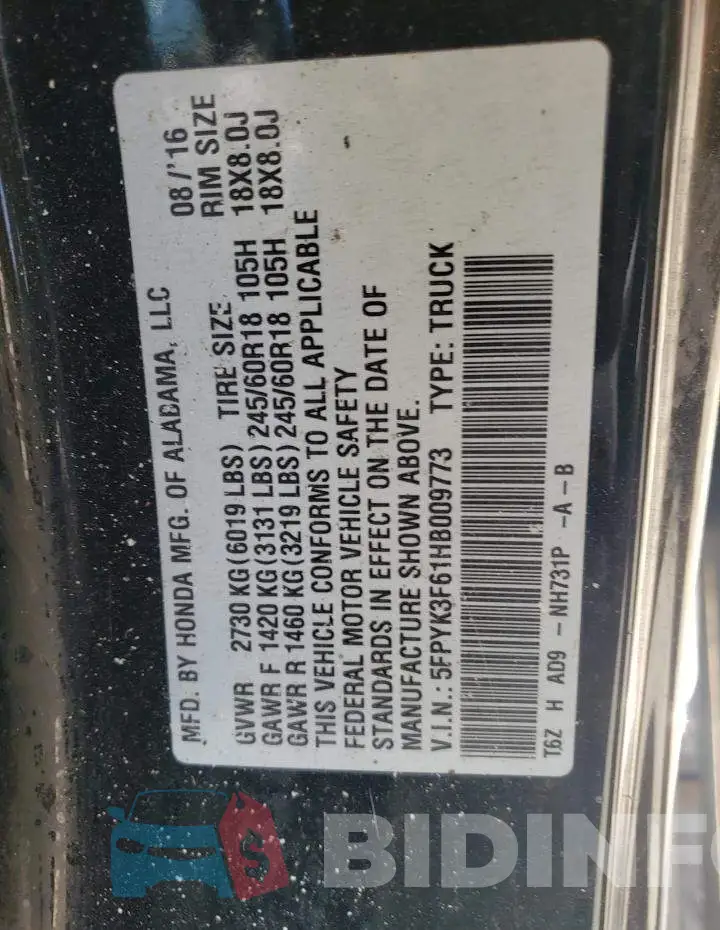 5FPYK3F61HB009773 Photo# 10