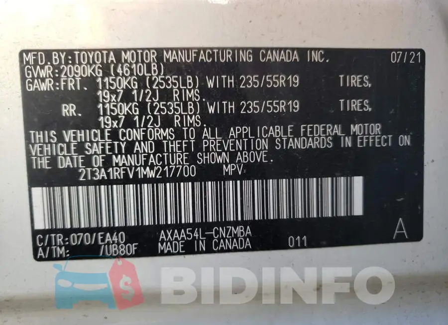 2T3A1RFV1MW217700 Photo# 10