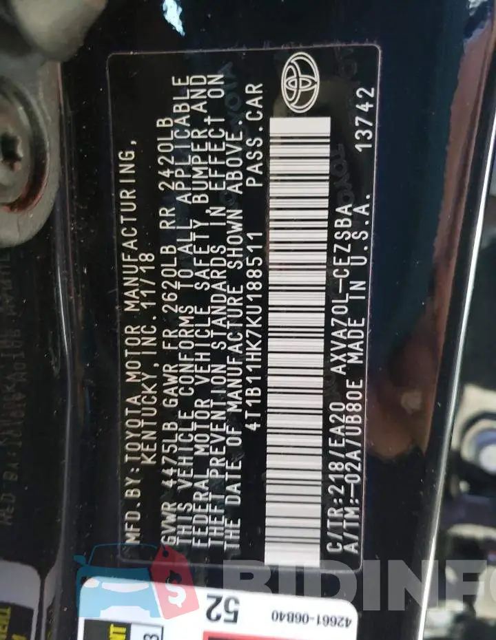4T1B11HK7KU188511 Photo# 10