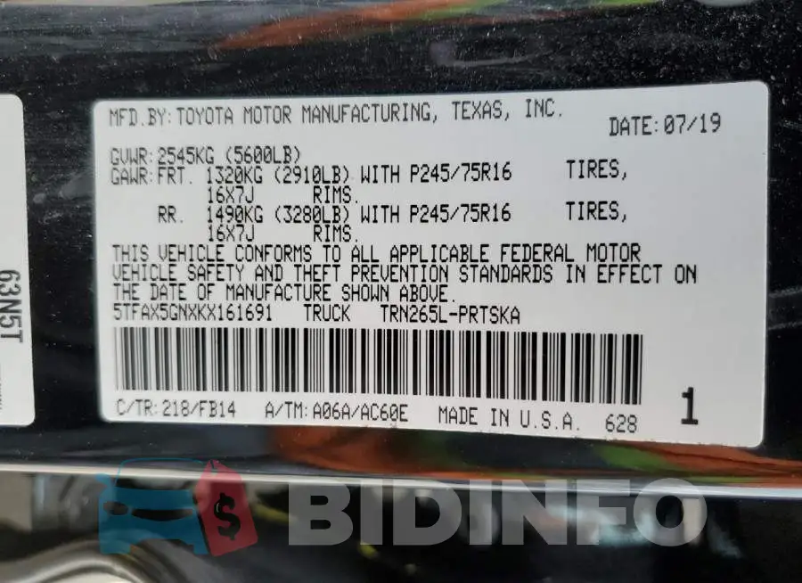 5TFAX5GNXKX161691 Photo# 12