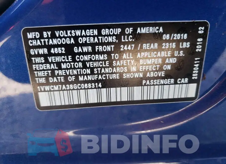 1VWCM7A38GC068314 Photo# 10