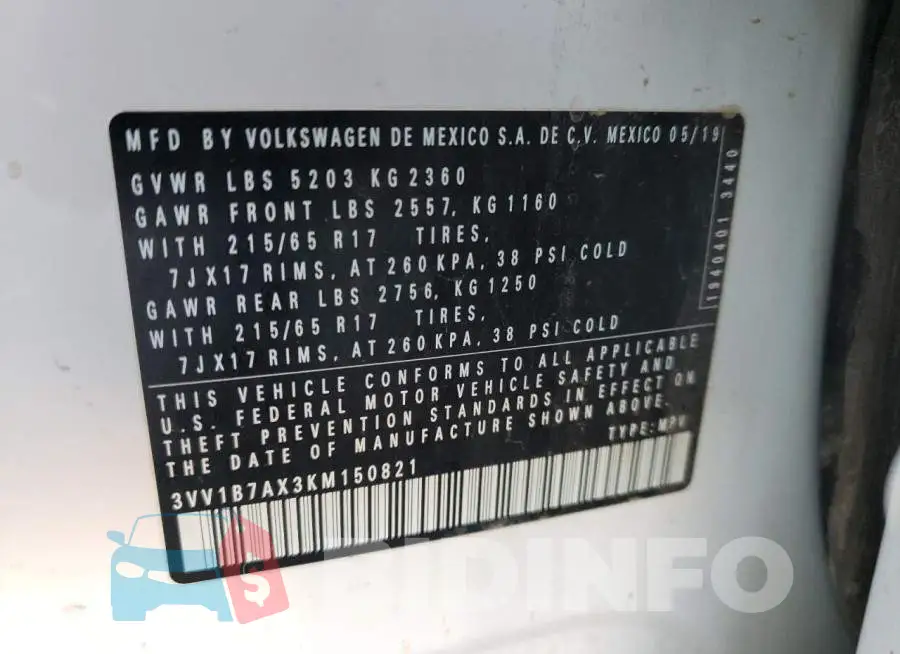 3VV1B7AX3KM150821 Photo# 10