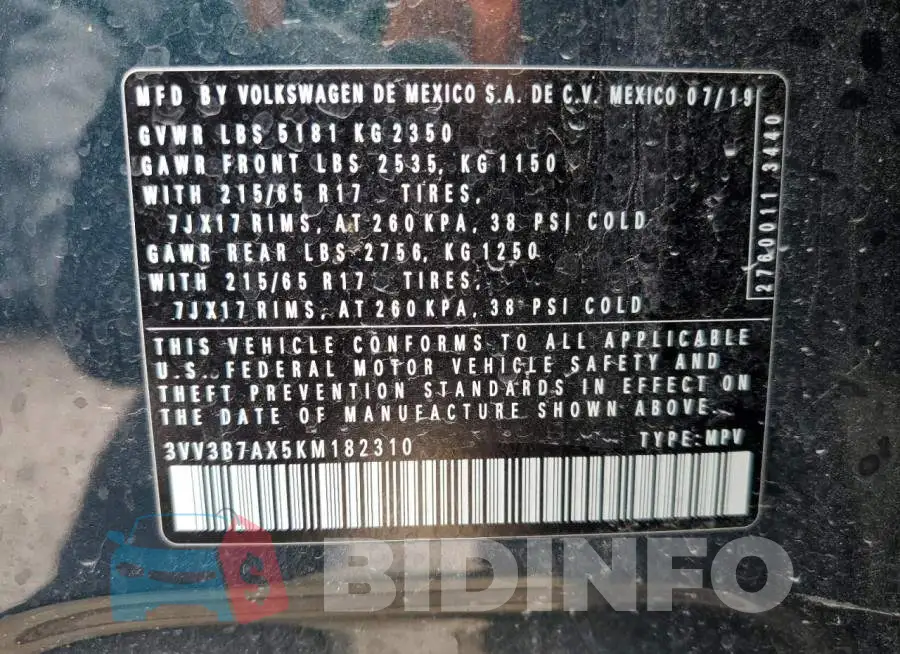 3VV3B7AX5KM182310 Photo# 13