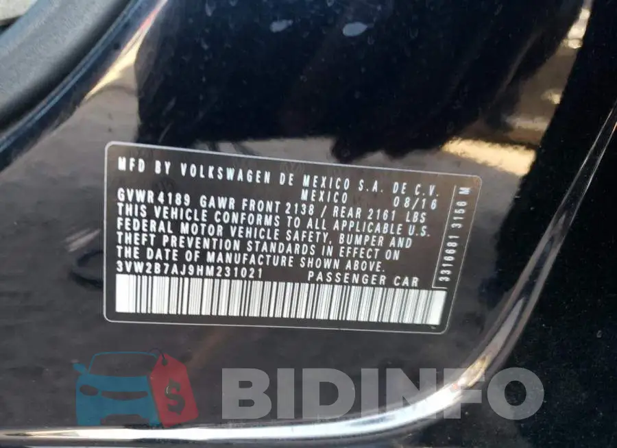 3VW2B7AJ9HM231021 Photo# 10