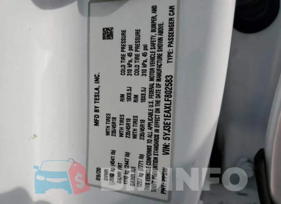 5YJ3E1EAXLF802583 Photo# 10