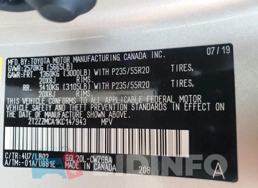 2T2ZZMCA1KC147943 Photo# 10
