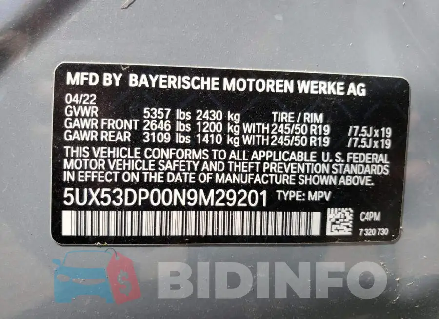 5UX53DP00N9M29201 Photo# 10