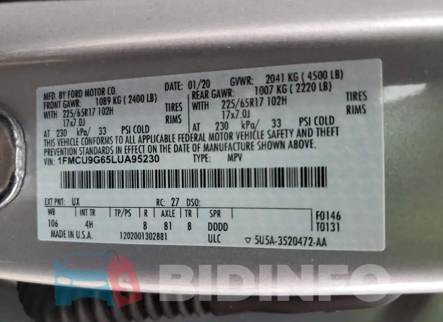 1FMCU9G65LUA95230 Photo# 10
