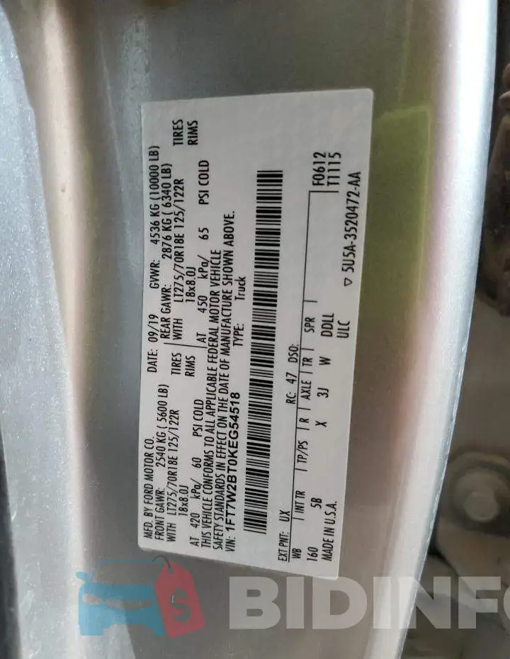1FT7W2BT0KEG54518 Photo# 10