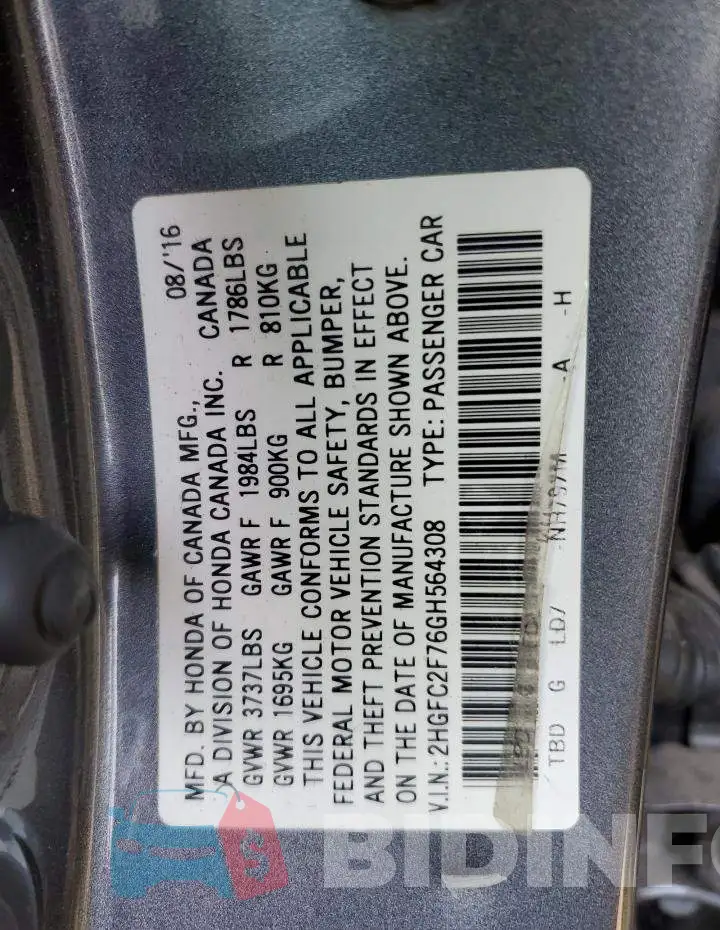 2HGFC2F76GH564308 Photo# 10