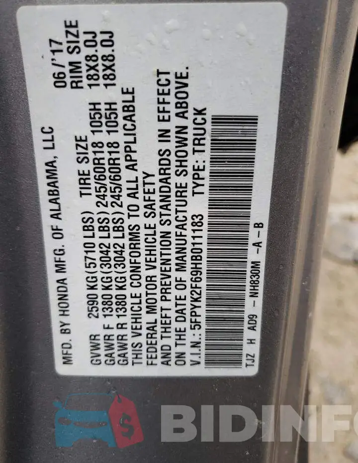 5FPYK2F69HB011183 Photo# 12