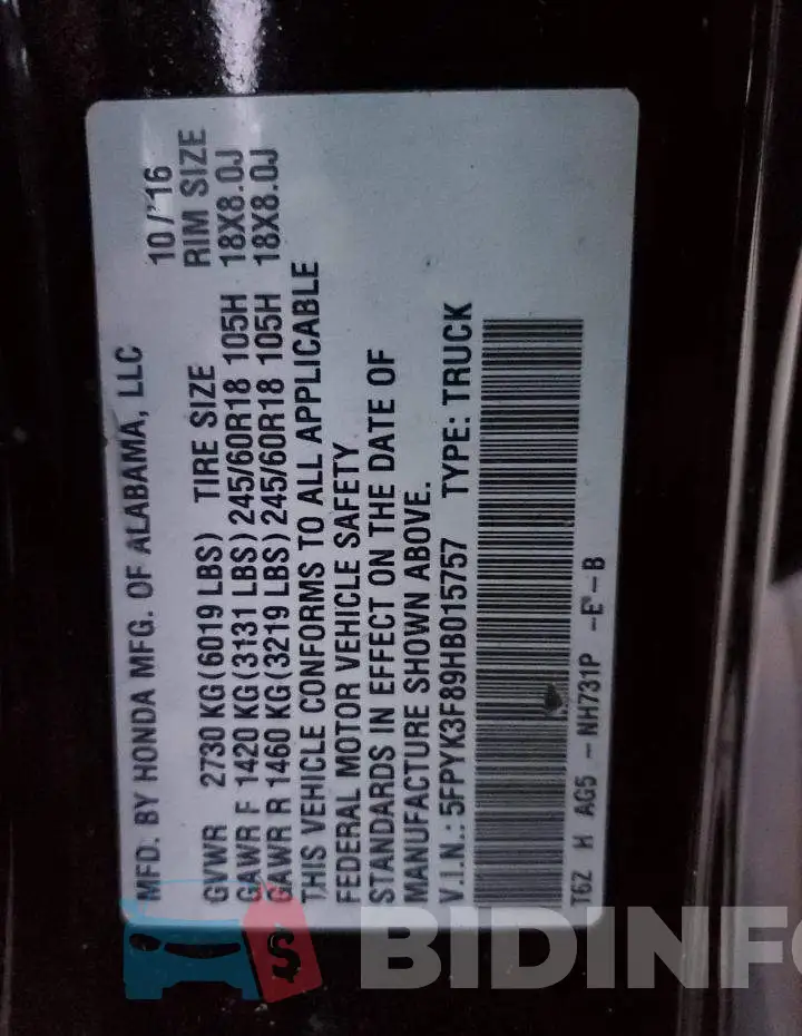 5FPYK3F89HB015757 Photo# 13