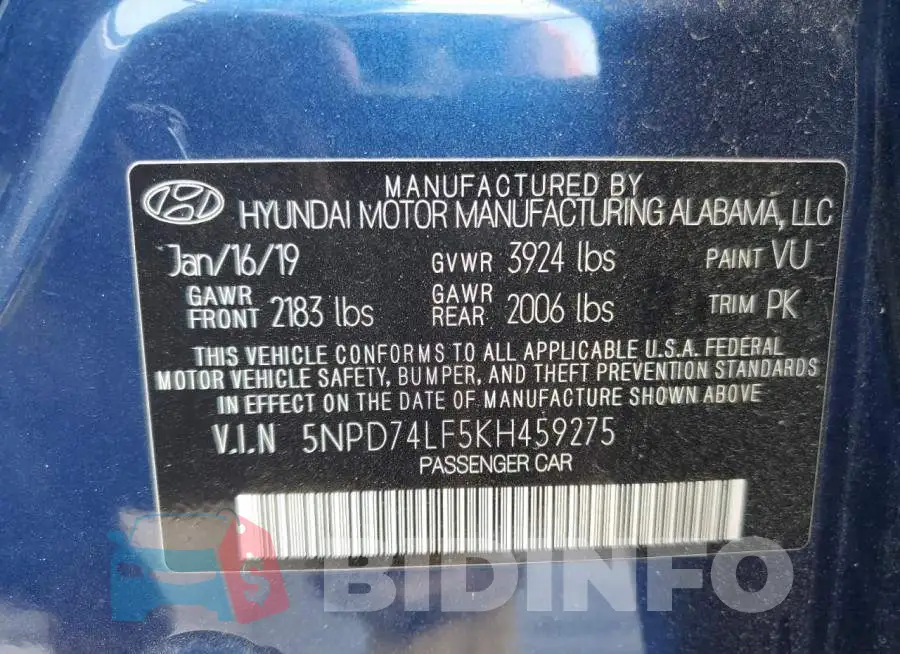 5NPD74LF5KH459275 Photo# 10