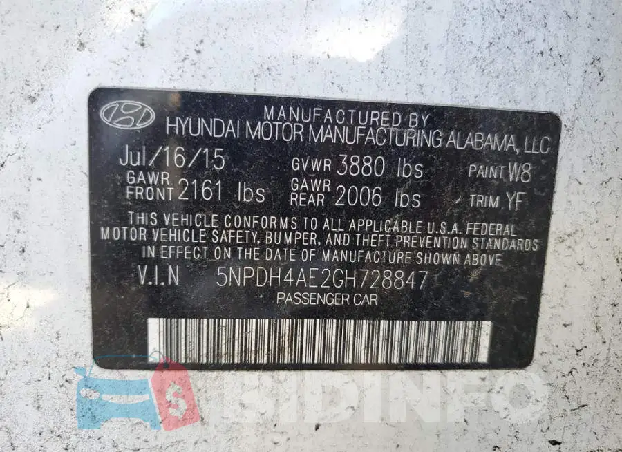 5NPDH4AE2GH728847 Photo# 10