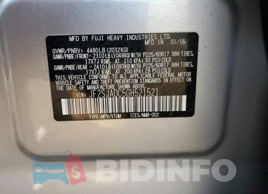 JF2SJADC5GH521521 Photo# 10