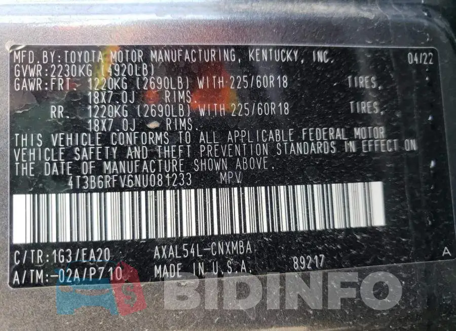 4T3B6RFV6NU081233 Photo# 10