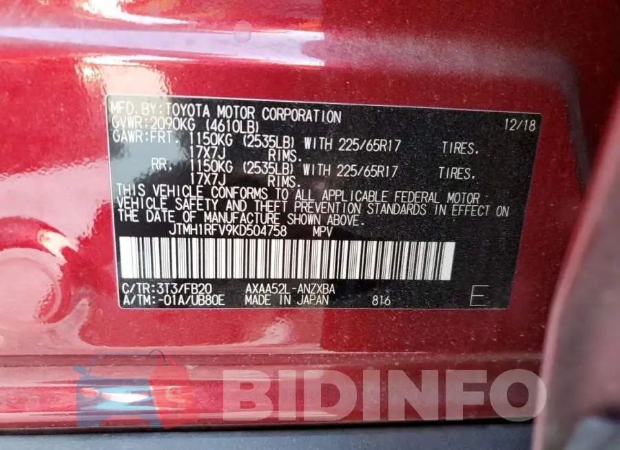 JTMH1RFV9KD504758 Photo# 10