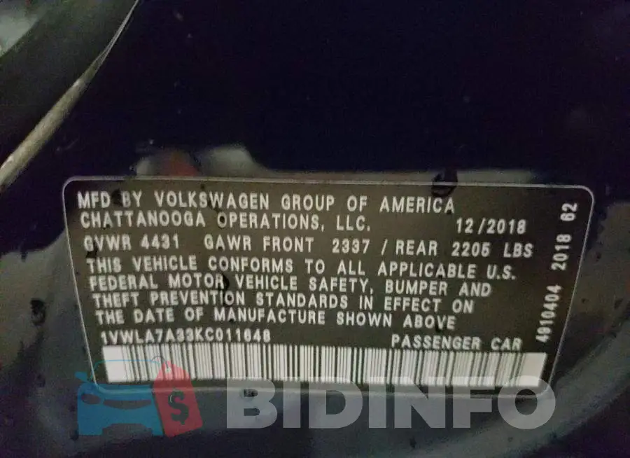 1VWLA7A33KC011648 Photo# 10