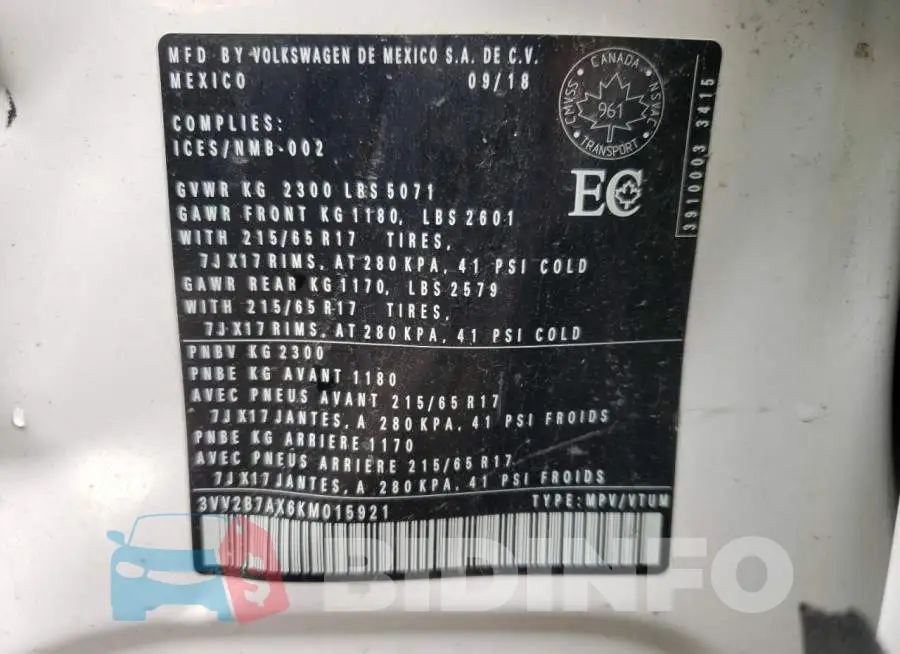 3VV2B7AX6KM015921 Photo# 10