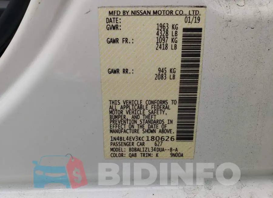 1N4BL4EV3KC180626 Photo# 10
