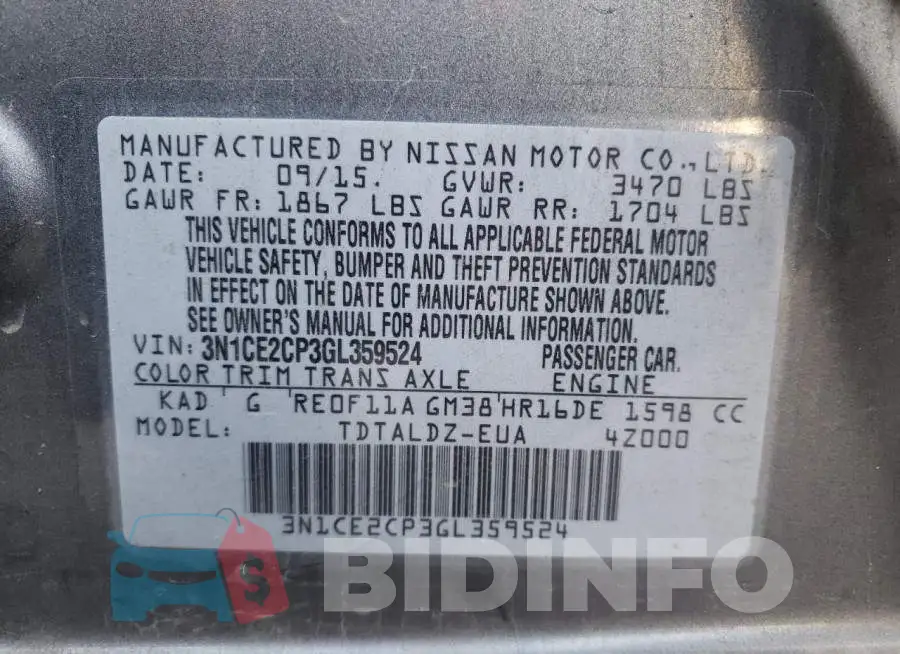 3N1CE2CP3GL359524 Photo# 10
