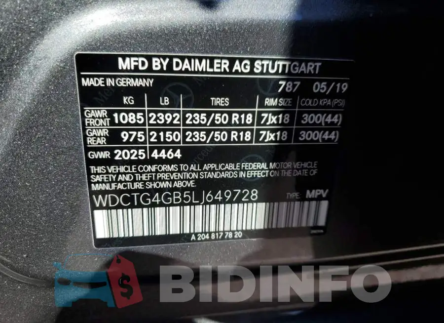 WDCTG4GB5LJ649728 Photo# 10
