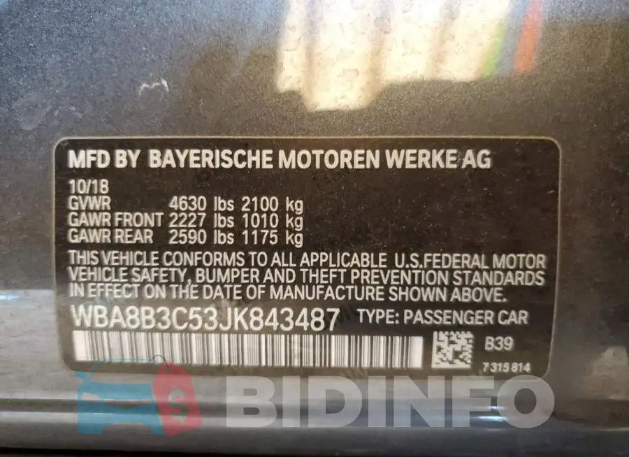 WBA8B3C53JK843487 Photo# 10