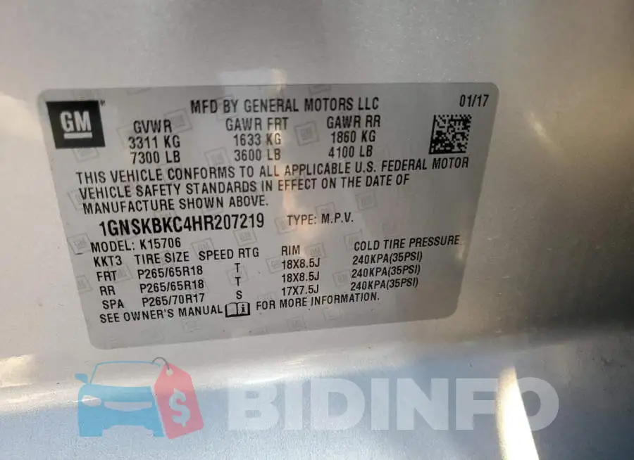 1GNSKBKC4HR207219 Photo# 14