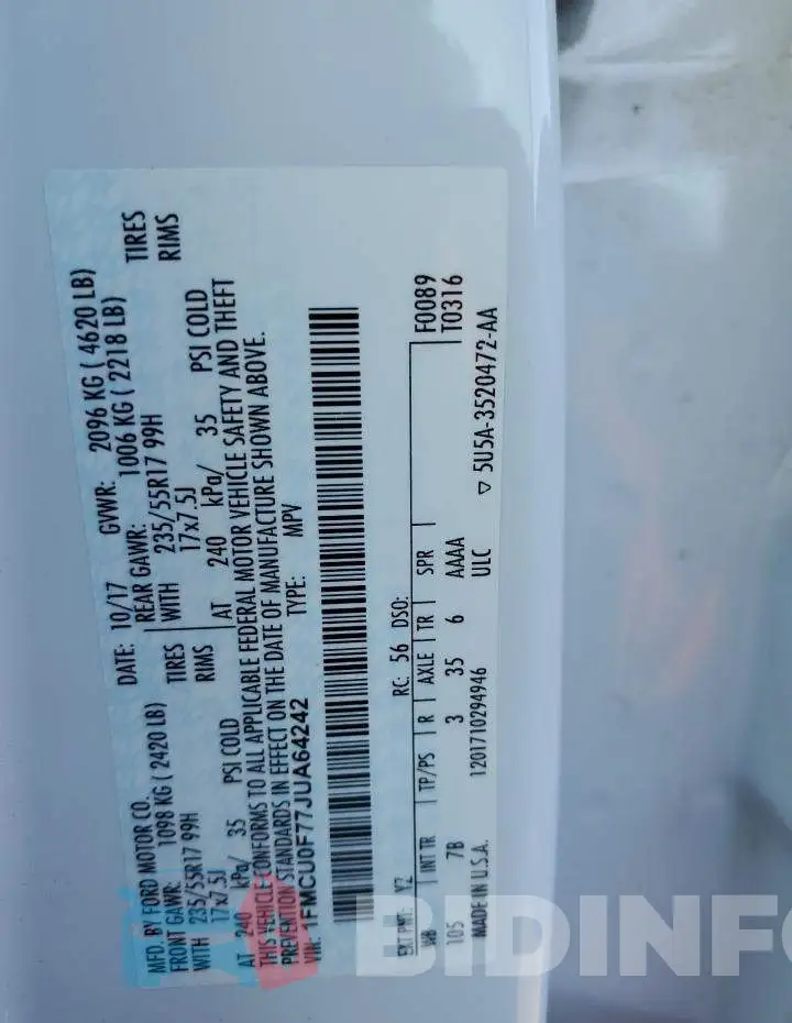 1FMCU0F77JUA64242 Photo# 10