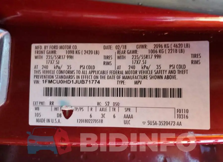 1FMCU0HD1JUB71774 Photo# 12